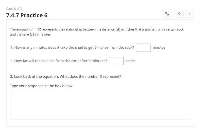 The equation d=3t represents the relationship between the distance (d) in inches that-example-1