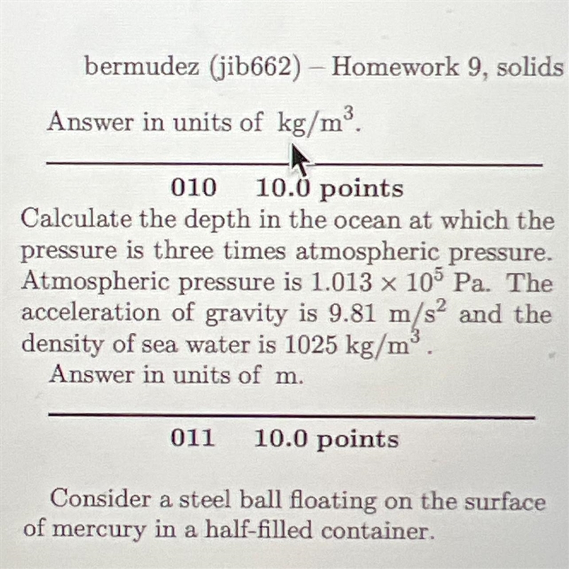 Calculate the depth in the ocean at which the pressure is three times the atmospheric-example-1