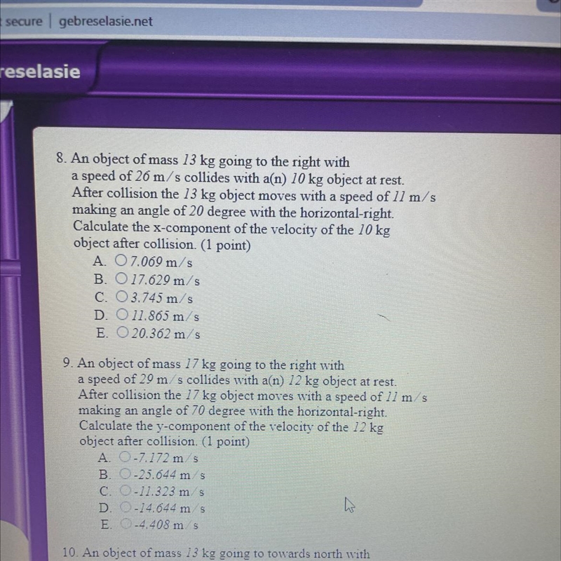 8. An object of mass 13 kg going to the right witha speed of 26 m/s collides with-example-1