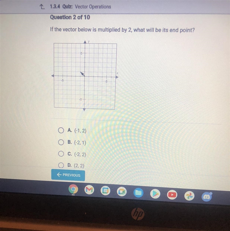 If the vector below is multiplied by 2, what will be its end point?-example-1