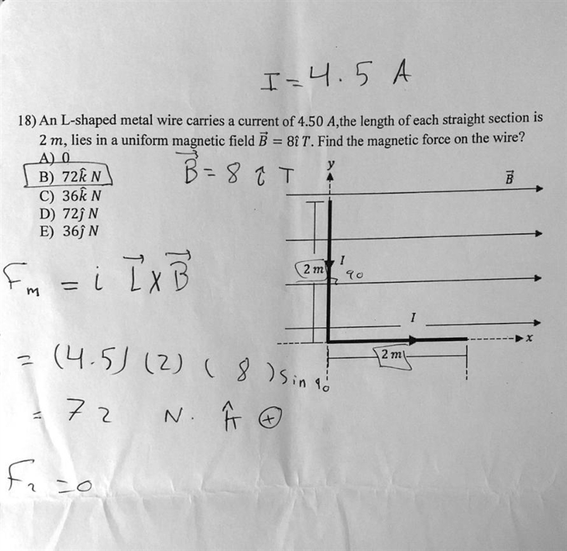 An L-shaped metal wire carries a current of 4.50A, the length of each straight section-example-1