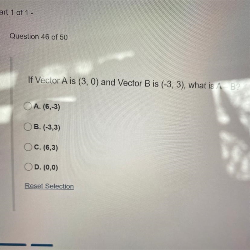 If vector A is 3,0 and vector B is -3,3 what is A-B-example-1