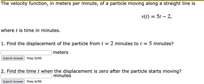 The velocity function, in meters per minute, of a particle moving along a straight-example-1