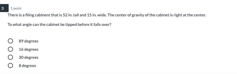 There is a filing cabinent that is 52 in. tall and 15 in. wide. The center of gravity-example-1