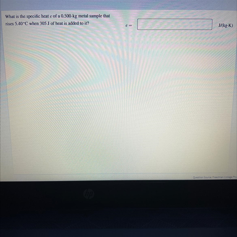 What is the specific heat c of a 0.500 kg metal sample that rises 5.40 C when 305J-example-1