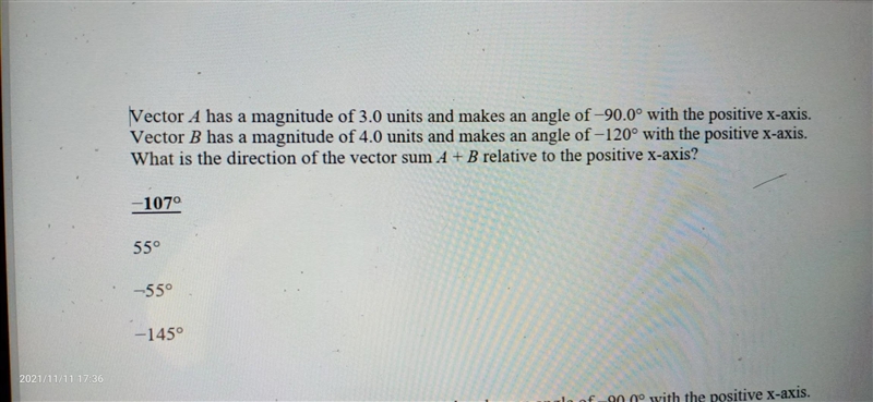 Vector A has a magnitude of 3.0 units and makes an angle of −90.0° with the positive-example-1