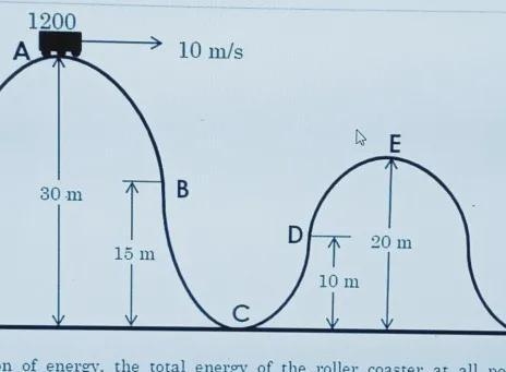 A 1200-kg roller coaster going 10m/s begins it's descent down a 30-m tall hill before-example-1