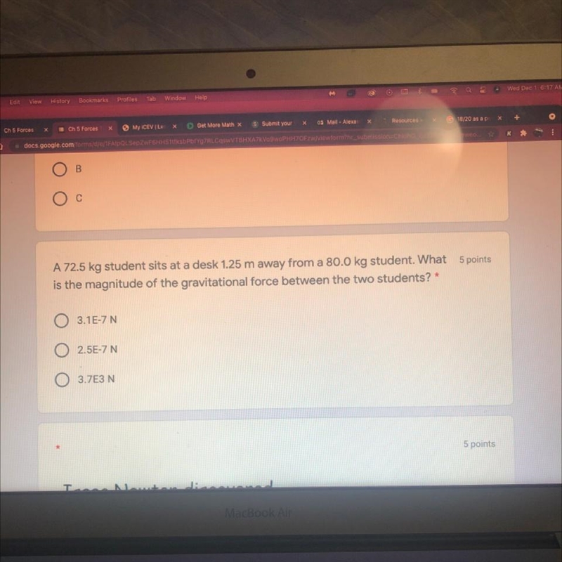 A 72.5 kg student sits at a desk 1.25 m away from a 80.0 kg student. What is the magnitude-example-1