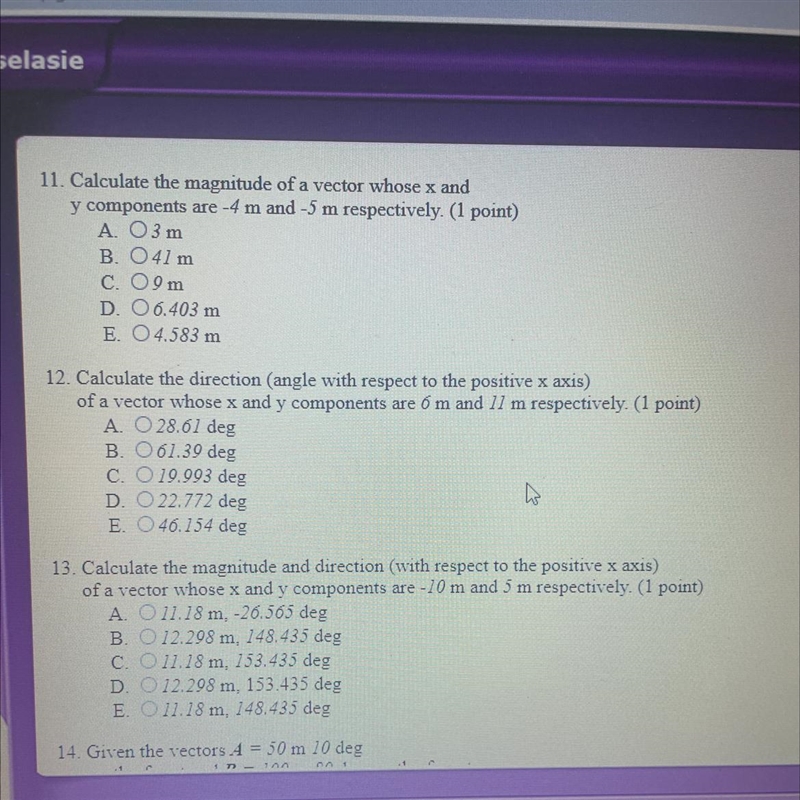 11. Calculate the magnitude of a vector whose x andy components are -4 m and -5 m-example-1