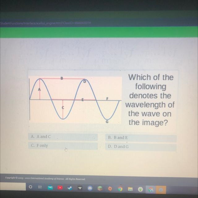 Which of the following denotes the wavelength of the wave on the image? A. A and C-example-1