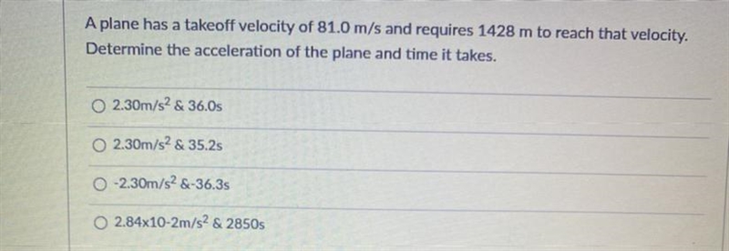 Determine the acceleration of the plane and time it takes.-example-1