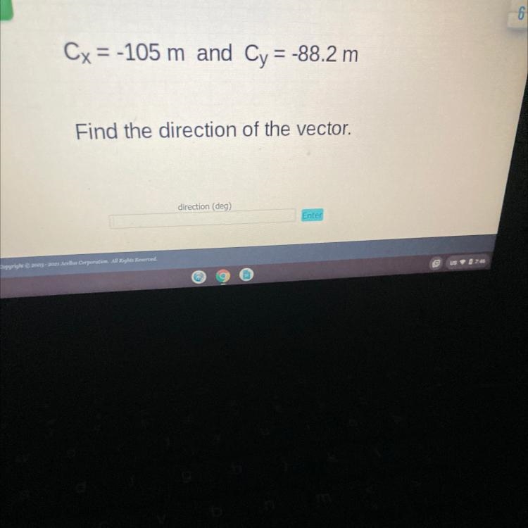 6Cx = -105 m and Cy = -88.2 mFind the direction of the vector.-example-1