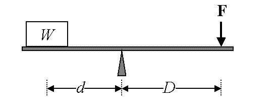 A box of weight W = 500 N is set on a light plank d = 5 meters from a fulcrum. A force-example-1