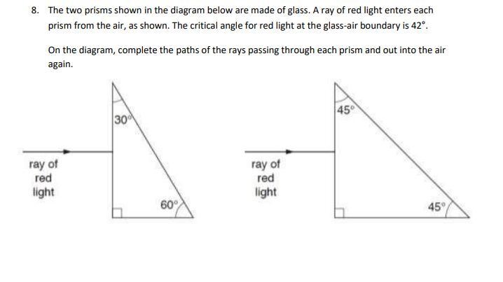 The two prisms shown in the diagram below are made of glass. A ray of red light enters-example-1