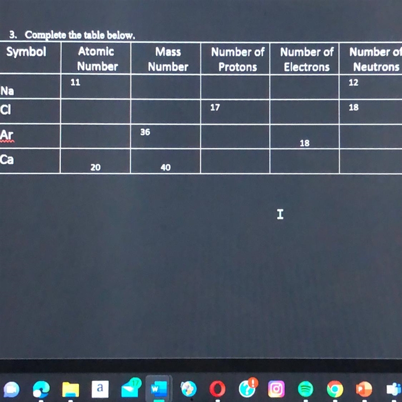 3. Complete the table below. Symbol Atomic Number Na Cl Ar Ca 11 20 Mass Number 36 40 Number-example-1