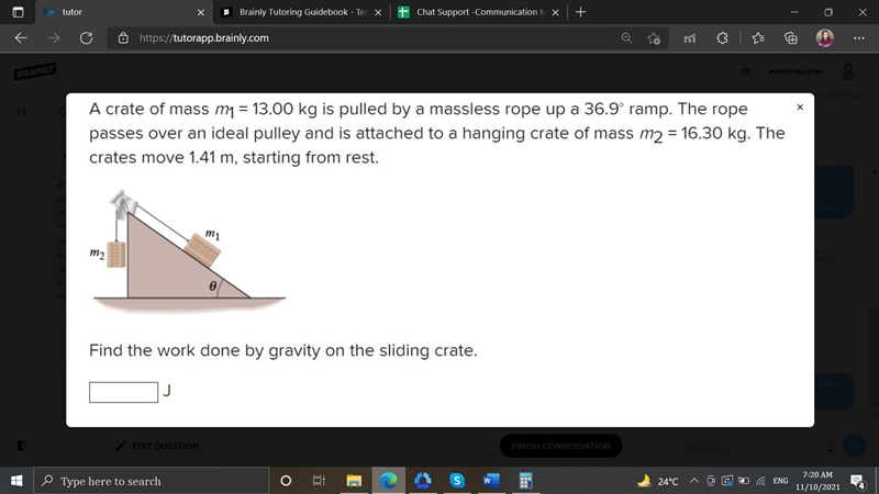 A crate of mass m1 = 13.00 kg is pulled by a massless rope up a 36.9° ramp. The rope-example-1