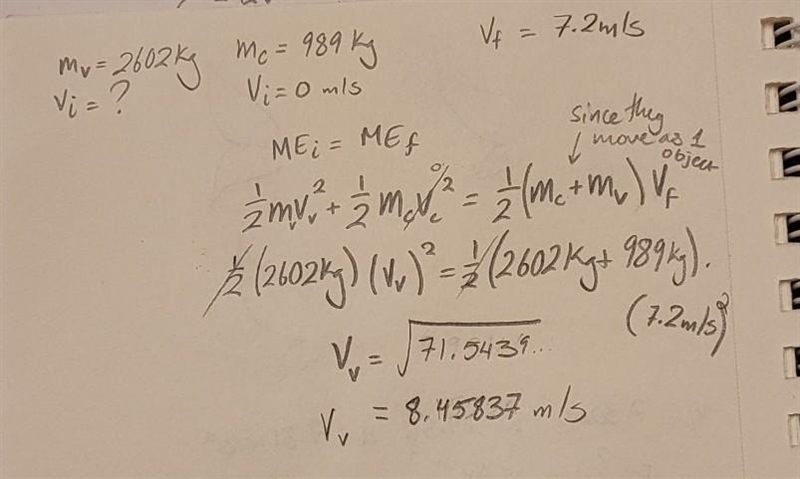 A(n) 2602 kg van runs into the back of a(n) 989 kg compact car at rest. They move-example-1