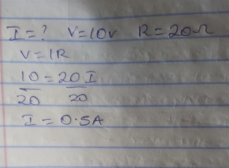 What is the current in a 10V circuit if the resistance is 20?-example-1