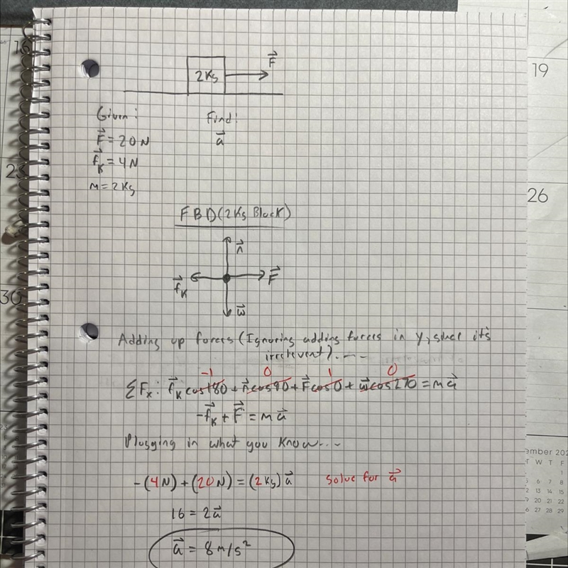 5. Calculate the acceleration of a 2 kg block across a table if you push with a force-example-1