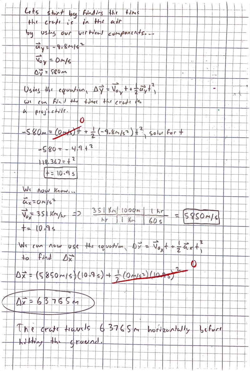 an airplane flies horizontally at a speed of 351 km/h and drops a crate that falls-example-2