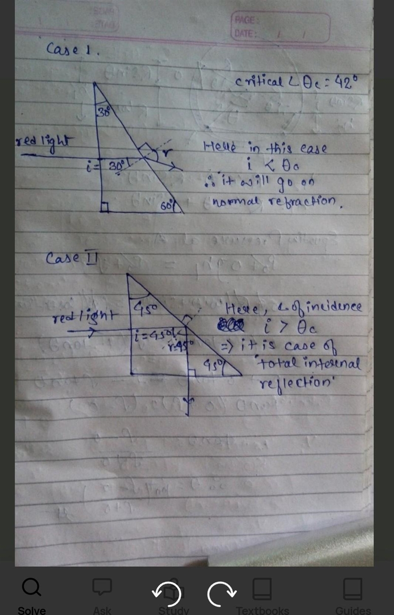 The two prisms shown in the diagram below are made of glass. A ray of red light enters-example-1