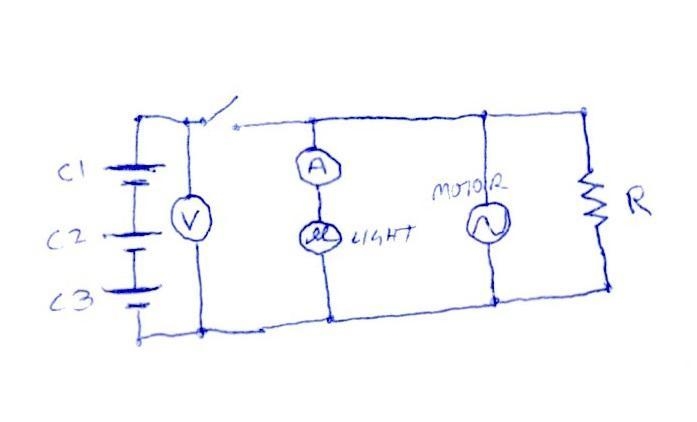 Draw a electric circuit powered by 3 cells with a light, a motor and a resistor that-example-1