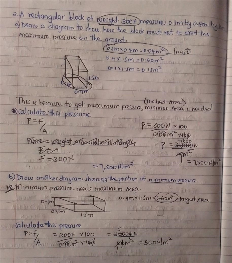 2. A rectangular block of weight 300N measures 0.1 m by 0.4 m by 1.5 m. a) Draw a-example-1