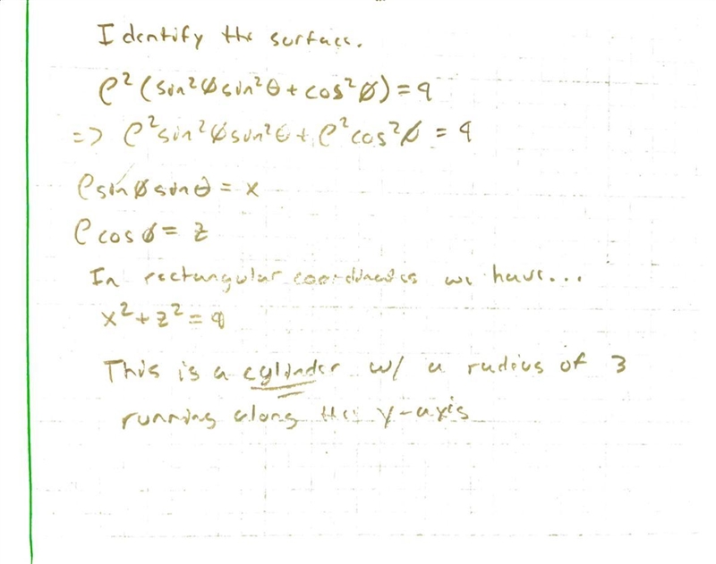 Identify the surface whose equation is given. rho2(sin2(φ) sin2(θ) + cos2(φ)) = 9-example-1