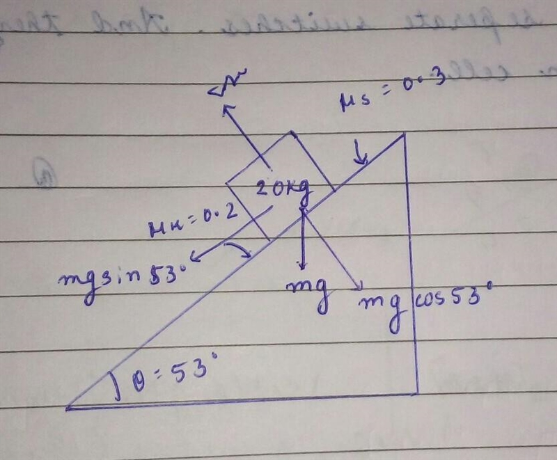 The 20 kg at angle of 53⁰ in an inclined plane is realsed from rest the coefficient-example-1