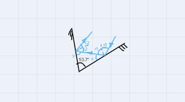 Two plane mirrors touch along one edge, where they make an angle of 53.7 degrees. A-example-1