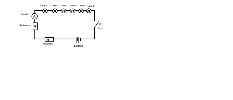 Draw a circuit in series, 6 lamps, 3 electrical equipment, 1 power source, open-example-1