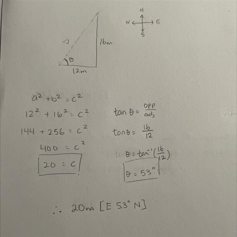 A toy plane is displaced 12m to the right and then 16m upward. What is the magnitude-example-1