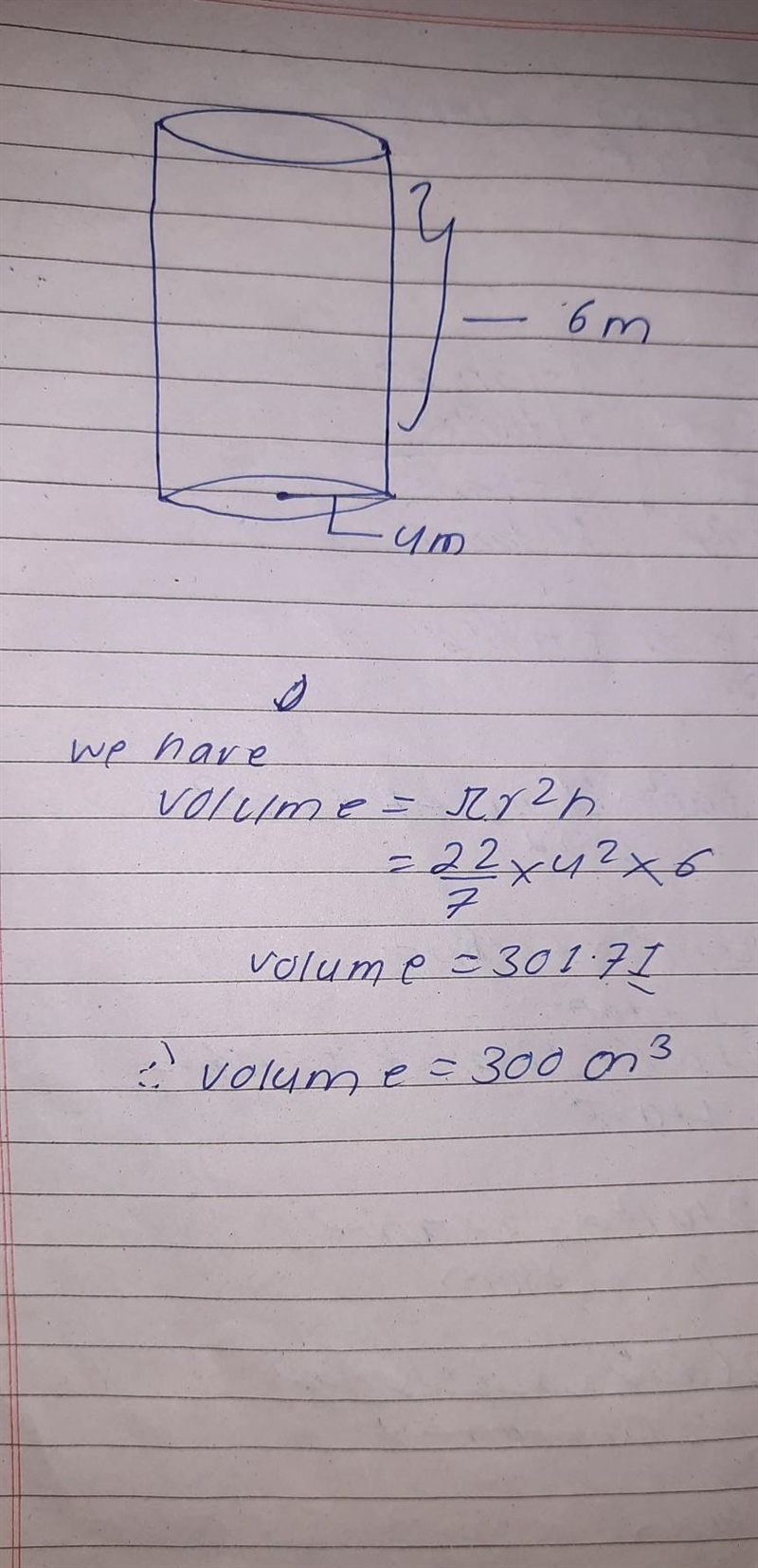 A cylinder has a base radius of 4m and a height of 6m. What is its volume in cubic-example-1