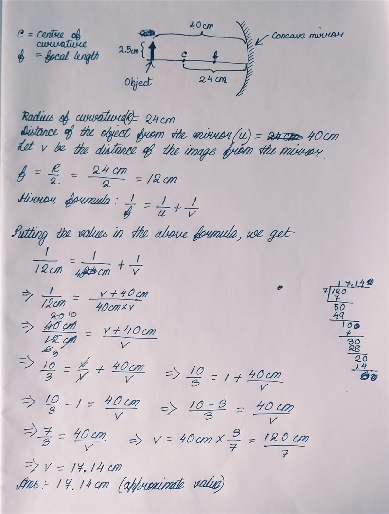 A concave mirror has a center of curvature of 24.0 cm. An object 2.5 cm tall is placed-example-1