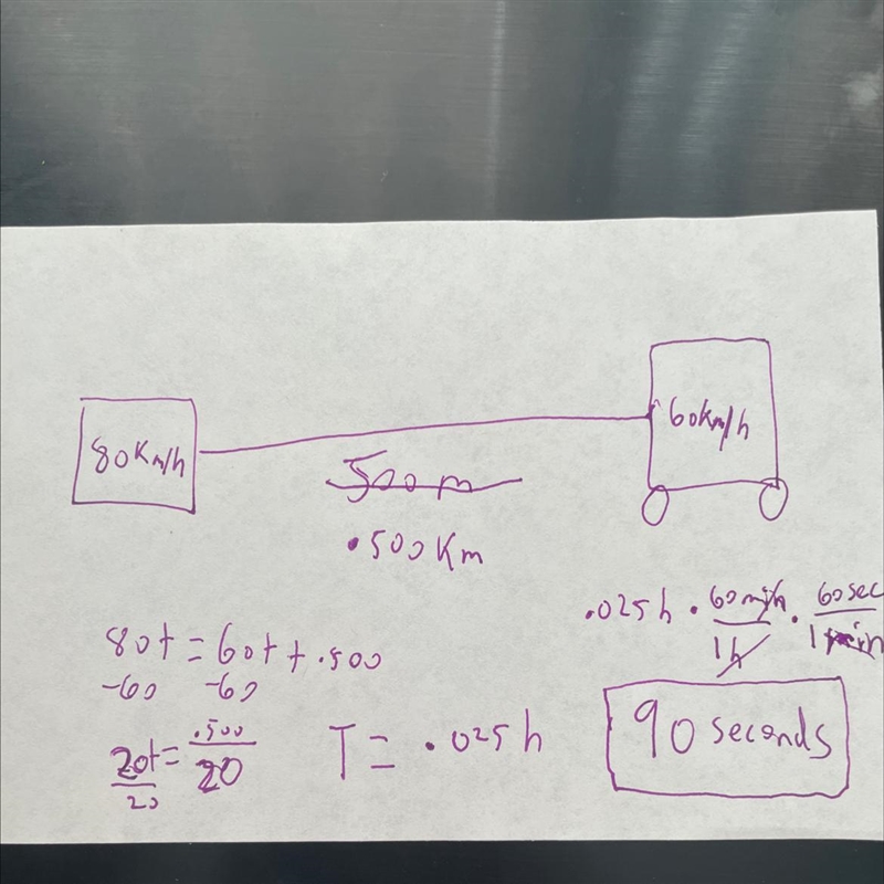 a car is 500m behind a truck. if the speed of the car is 80km/h and speed of the truck-example-1