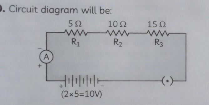 Draw a schematic diagram of a circuit consisting of a battery of five 2 V cells, a-example-1