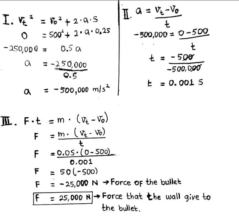 A 0.05 kg bullet travelling at 500M/s horizontally strike a thick vertical wall. It-example-1