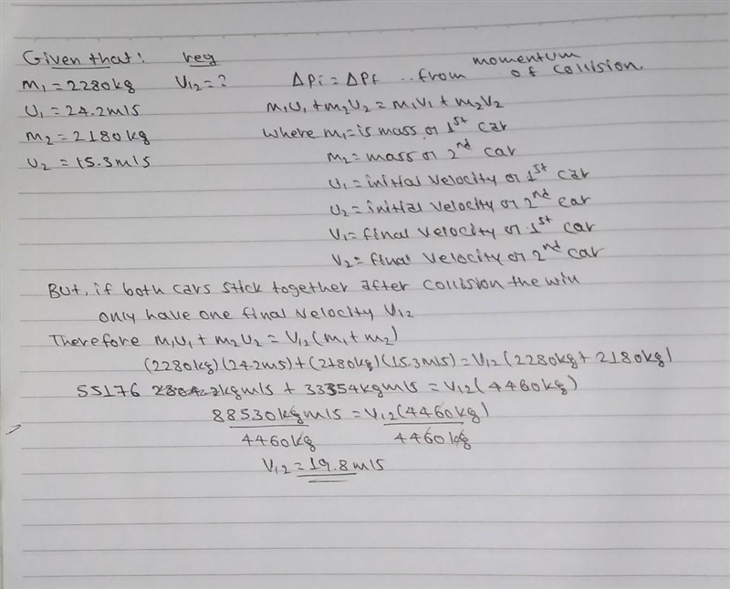 A 2280 kg car, moving at 24.2 m/s, runs into a car that has a mass of 2180 kg and-example-1