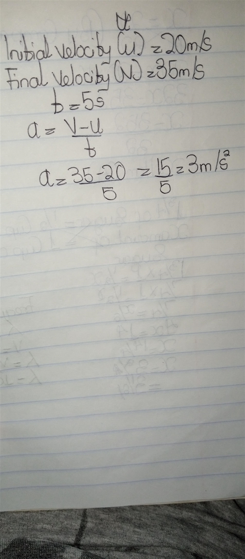 A car is traveling at 20 m/s and speeds up to 35 m/s in 5 seconds. What is the car-example-1