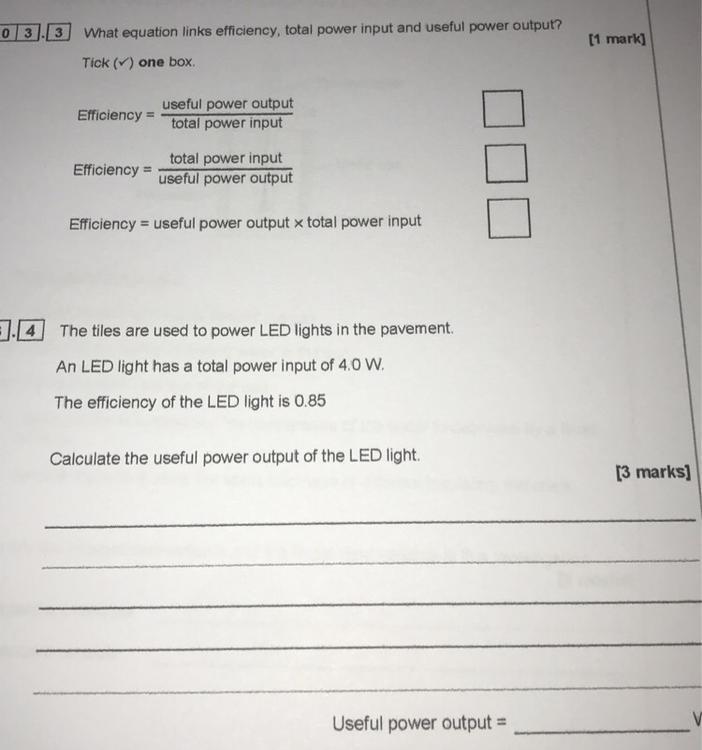 What equation links efficiency, total power input and useful power output? Tick (✓) one-example-1