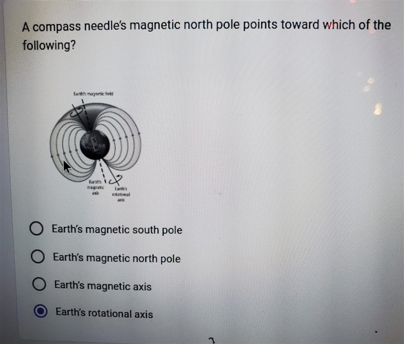 A compass needle's magnetic north pole points toward which of the following? A: Earth-example-1