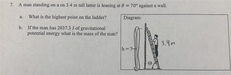 A man standing on a on 3.4 m tall latter is leaning at 0=70° against a wall. Part-example-1