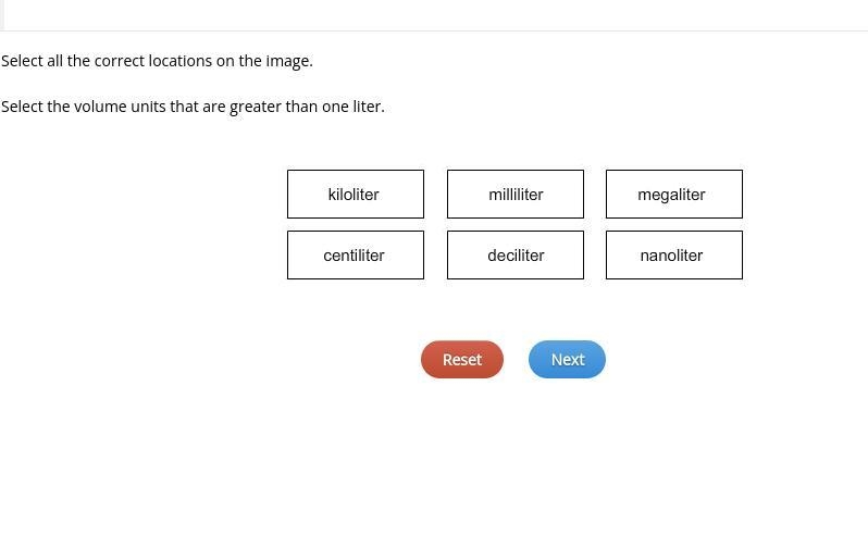 Select the volume units that are greater than one liter.-example-1