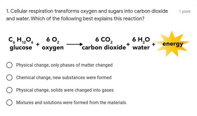 Cellular respiration transforms oxygen and sugars into carbon dioxide and water. Which-example-1