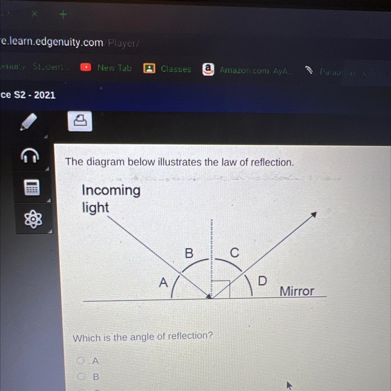 The diagram below illustrates the law of reflection￼ Which is the angle of reflection-example-1