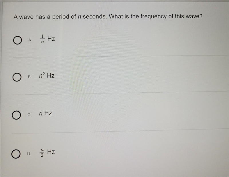 A wave has a period of n seconds. What is the frequency of this wave? ​-example-1