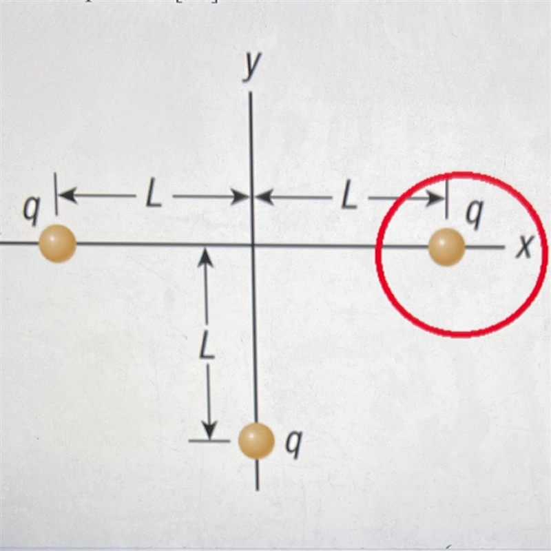 5. Three charges with q = 7.5 x 10-6 C are located as shown, where L = 25 cm. Determine-example-1