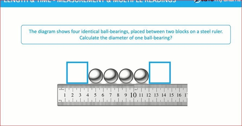 the diagram shows 4 identical ball bearings, placed between 2 blocks on a steel ruler-example-1