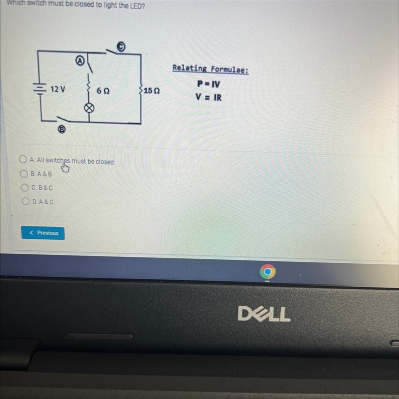 What switch must be closed to light the led-example-1