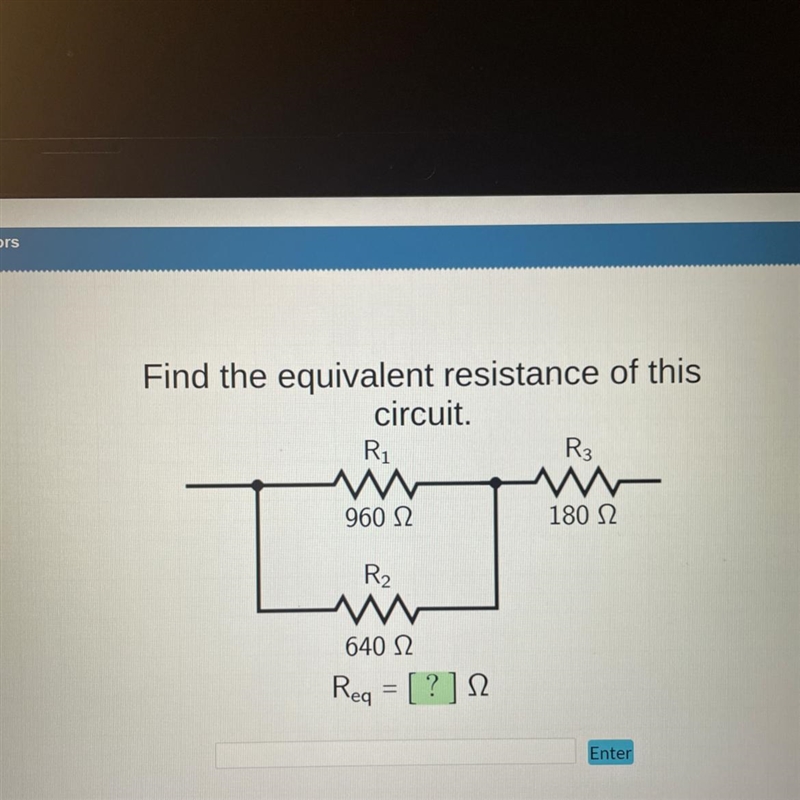 Find the equivalent resistance of this circuit. R₁ www 960 92 I R₂ www 640 Ω Reg? Ra-example-1